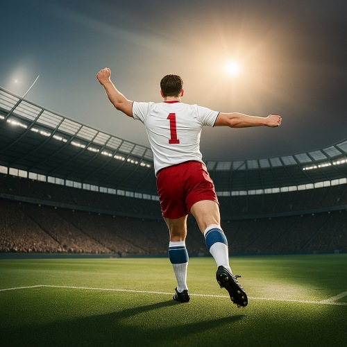 Un footballer qui fait le signe de la victoire de dos sur un terrain de sport